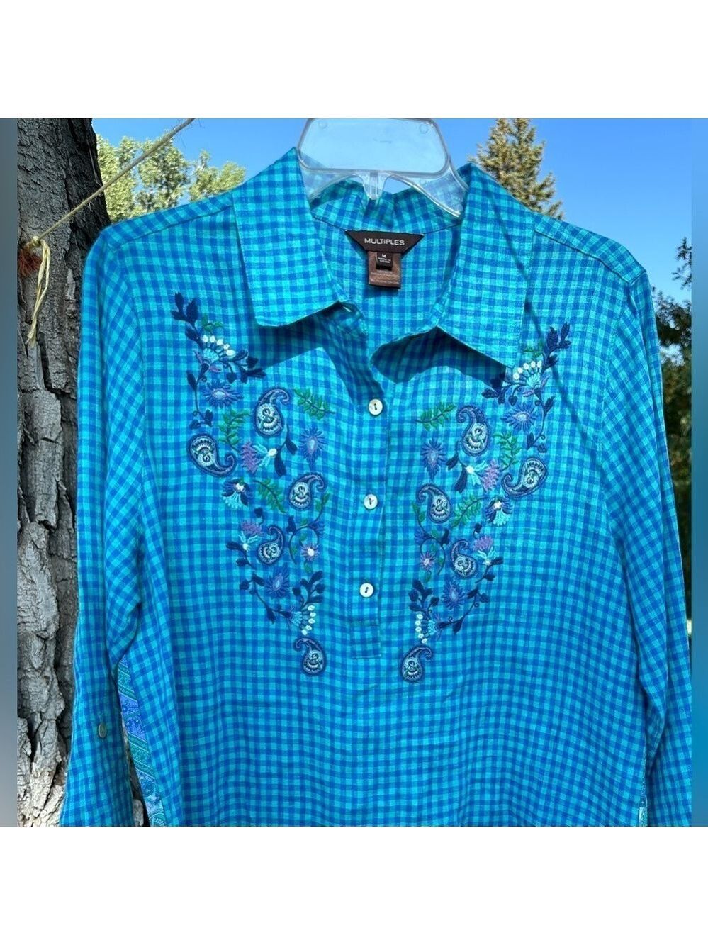Multiples Linen Button-Down Blouse Womens Medium Blue Roll-Tab Check Paisley NWT